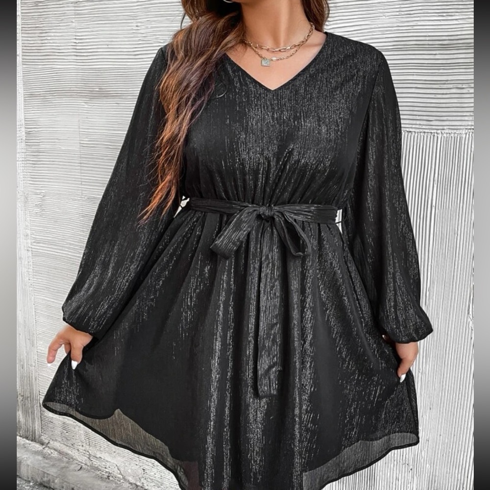 NWT Lantern sleeve belted dress.  Black shimmer fabric.  SHEIN size 3XL (18W)